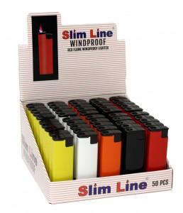 Jet Line SLIM LINE - "WINDPROOF" "REFILLABLE" METAL BODY PIEZO ELECTRONIC - TRAYS of 50 -  Model #46-046 SOLID COLORS